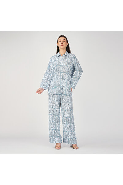 LINELLE Blue & White Palm Mosaic Printed Coord Set