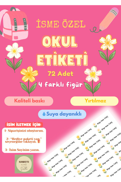 Handeto Kraft 72 Adet Sarı Çiçek Temalı Kişiye Özel Okul Etiket İsim Yazılan ...