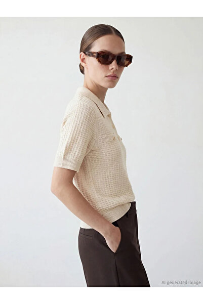 LC Waikiki Lcwaikiki Classic Ecru Polo Collar Textured Women's Knitwear Sweater