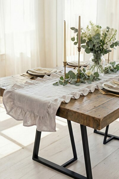 cotton maison Traversă de masă stil rustic cu volane 40x110 cm