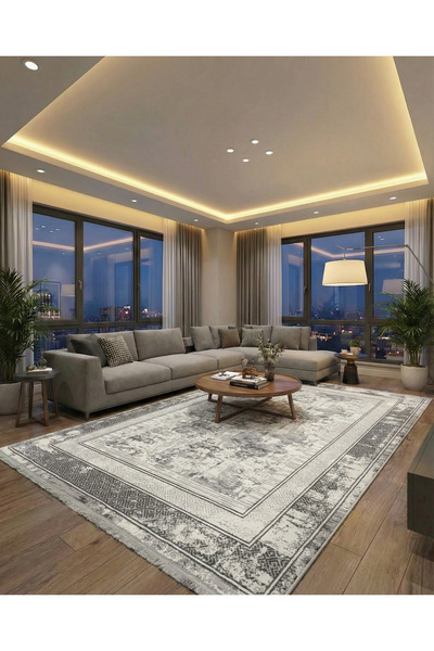 bergama home Lalezar Gri Renk Çerçeve Desen Tozsuz Beyaz Dokuma Salon Mutfak ...