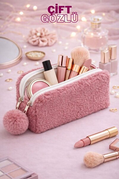 Bambus Peluş Çift Bölmeli Gözlü Bölmeli Kumaş Çok Amaçlı Fermuarlı Seyahat ve...