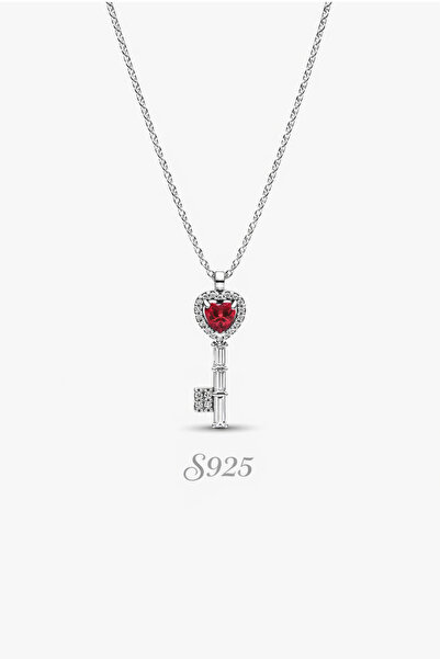 POSEİDONS JEWELLERY Kırmızı Kalp Anahtar Madalyon S925 Kolye