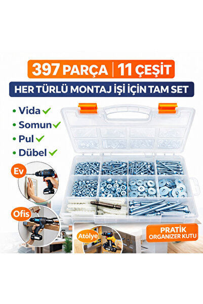 Civtex 397 Parça Vida Somun Pul Dübel Seti Organizer Kutulu