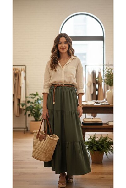 inci wears Women's Green Viscose Long Skirt with Elastic Waist