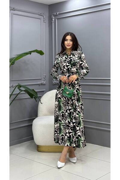 Cannes Şi̇la Women's Leopard Patterned Stand Collar Buttoned Belted Green Dress