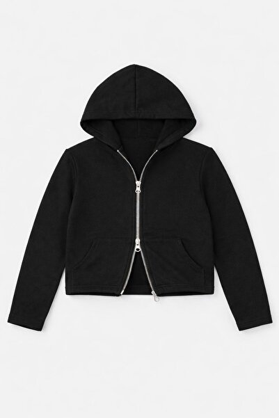 Lolliboomkids Girl's Double Zipper Hooded Black Viscose Cardigan - 11-12 Years