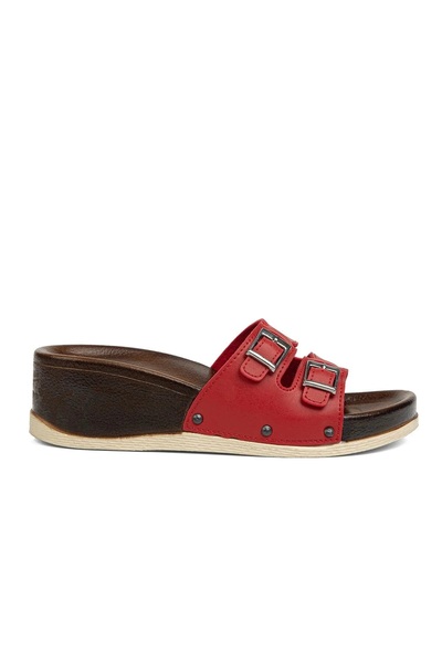 Esem Women's Red Double Buckle Wedge Heel Slippers