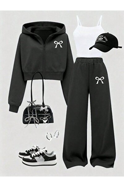 buendiakids Kız Çocuk Siyah Kurdele Baskılı 3`Lü Paket Siyah Crop Fermuarlı A...