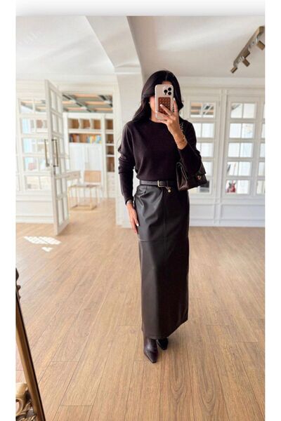 Amaze Yırtmaçlı Suni Deri Kalem Etek