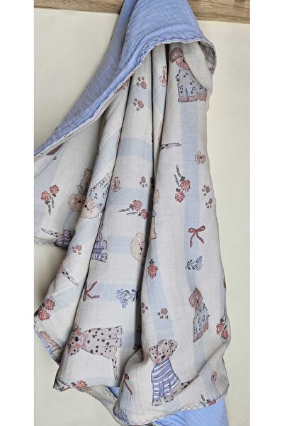 Leylace New Model Blue Animal Patterned and Baby Blue Double Layer Muslin Bab...