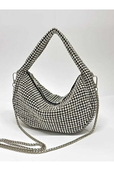 ÖZÜM TAKI Imported Women's Silver Stone-Embellished Evening Dress Bag