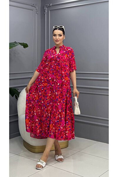 Cannes Women's Floral Patterned High-Neck Low-Cut Detailed Red Dress