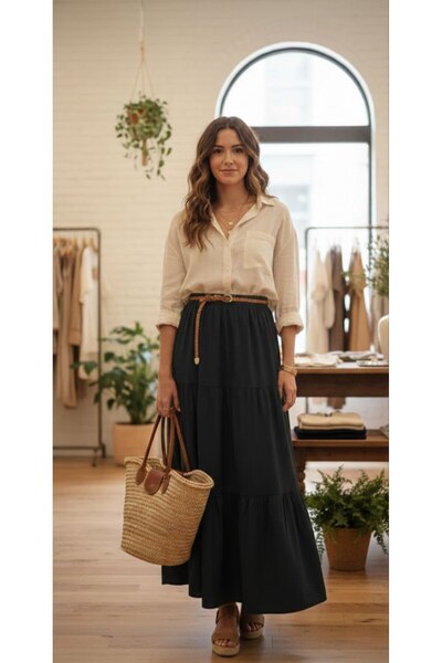 inci wears Women's Black Viscose Long Skirt with Elastic Waist