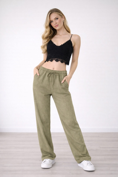 Hazel Women's Khaki Linen Blended Loose Fitting Trousers