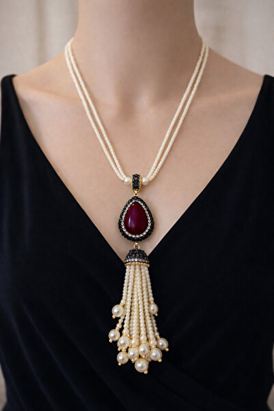 MGEStore Doğal Taş Görünümlü Damla Kolye İnci Püsküllü El Yapımı Şık Kadın Ko...