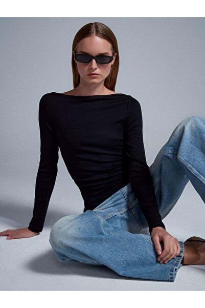 Dilvin 32198 Boat Neck Long Blouse Black