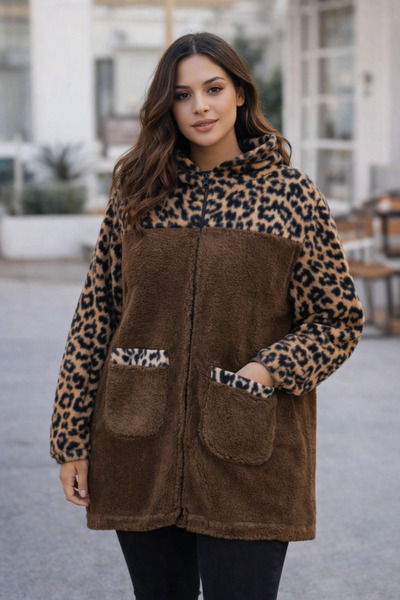DHDmoda Leopar Desenli Kahverengi Peluş Polar Kapüşonlu Fermuarlı Cepli Ceket