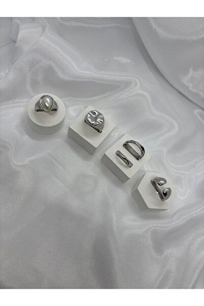 Home 5'li Paslanmaz Çelik Gümüş Renk Yüzük Seti - Kararmaz İncili Vintage Min...