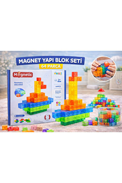 Flower Toys Magnet Yapı Blok Seti 64 Parça Renkli Şeffaf Manyetik Küp Oyuncak