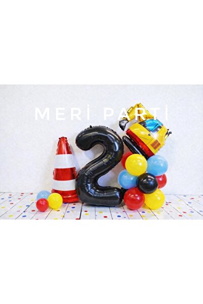 MERİ PARTİ İnşaat Temalı Yaş Doğum Günü Balon Seti İş Makinesi Rakam Folyo Du...