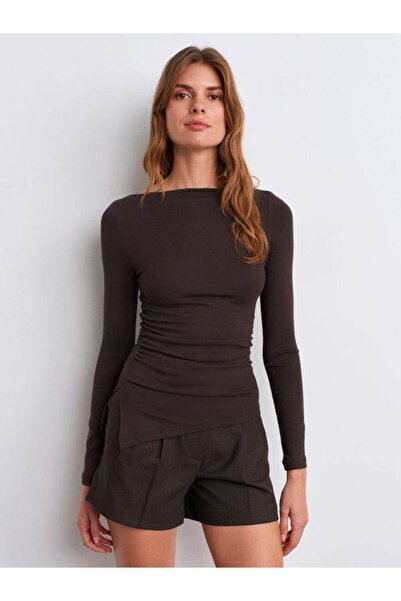 Dilvin 32198 بلوزة طويلة برقبة كاياك باللون البني الداكن