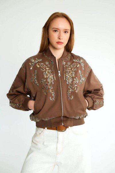 Robin 99928 Front and Sleeve Stoned Gabardine Jacket Brown