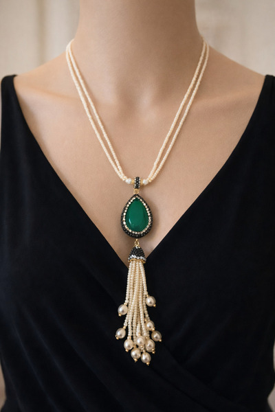 MGEStore Natural Stone Look Drop Necklace with Pearl Tassel Handmade Stylish ...