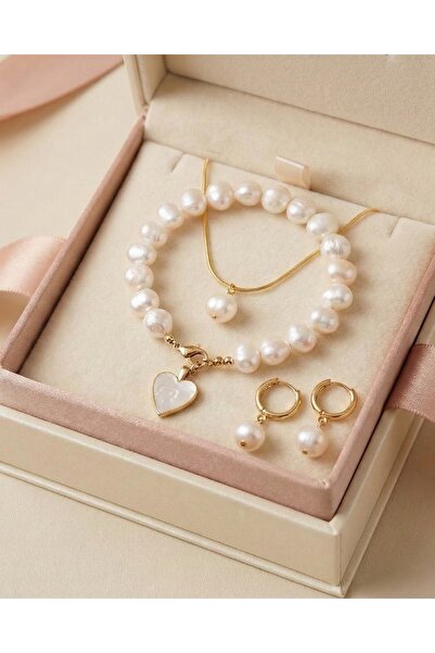 Hazeran accessories Gerçek incili Kalpli Set - Hediye - Sevgililer günü hediyesi