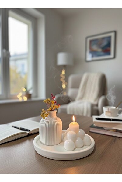 JENNEBELLA Dekoratif Beyaz Bubble Mum ve Minimalist Vazo Seti
