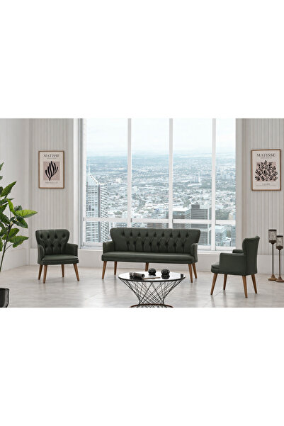 KIEZ Perla Haki Yeşil Deri Ahşap Ceviz Ayaklı Ofis Koltuk Takımı Bekleme Kolt...