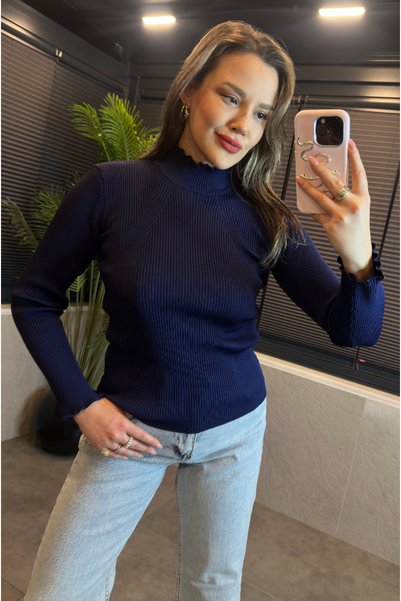 MİR STORE Navy Blue High-Collar Knitwear with Sleeve Detail