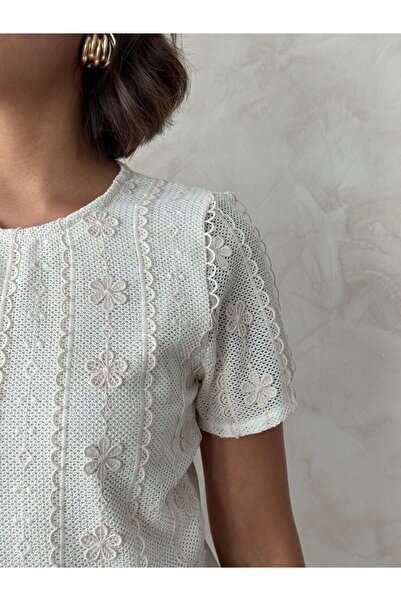 Caddebostan Moda Women's Embroidered Lace Detailed Short Sleeve Crew Neck Sty...