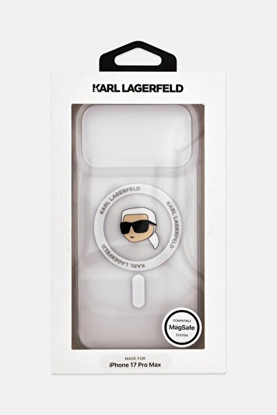 Karl Lagerfeld جراب هاتف آيفون 17 برو ماكس ماج سيف مطبوع عليه رأس كارل، شفاف