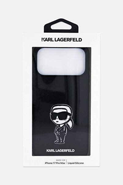 Karl Lagerfeld جراب سيليكون سائل لهاتف آيفون 17 برو ماكس مزين برسومات كارل، أسود