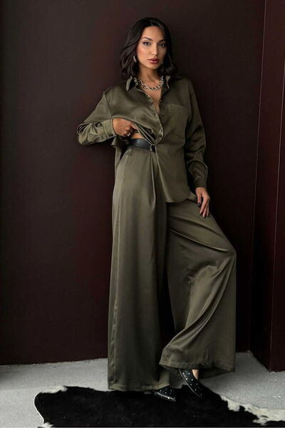 Caddebostan Moda Khaki High Waist Wide Leg Satin Trousers Modern Premium Luxu...