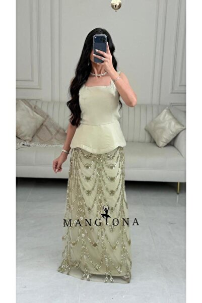 MANGONA Two-piece evening dress (Two-Piece Look) in pistachio color, satin to...