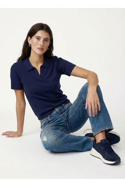 Fabrika Polo Yaka Slim Fit Düz Lacivert Kazak Kadın F6SL-KZK0057