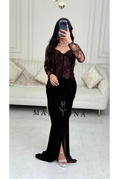 MANGONA Brown velvet evening dress with a lace top and long sleeves - winter ...