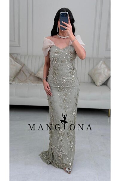 MANGONA Luxurious long evening dress in silver-grey color, fully embroidered ...