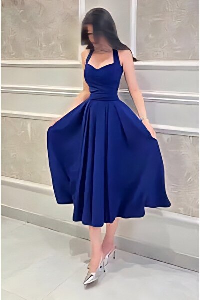 Rahibhdresses Royal navy crepe midi dress - corset design with a bow at the back