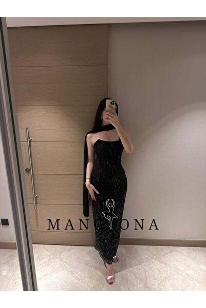 MANGONA فستان سهرة طويل فاخر لون أسود مطرز بالكامل خرز وترتر براق مع وشاح رقب...