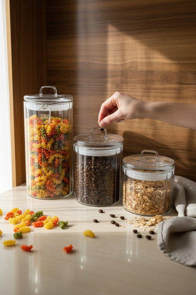 Paşabahçe 3'lü Vakum Kapaklı Cam Kavanoz Baharatlık Seti-Çay,Şeker,Kahve Mutf...