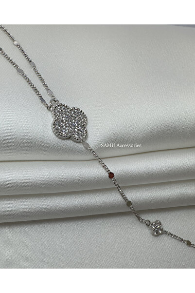 Samu Accessories Pavé Yonca and Coin Chain Steel Necklace - Silver Pavé Clove...