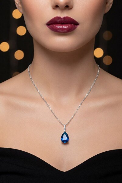 Tuncel Store Gümüş Renk Sıra Taşlı Lacivert Damla Model Sf Zincir Çelik Kolye...