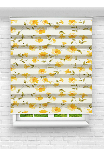 Enzo Home Sarı Çiçek Desenli Baskılı Zebra Perde