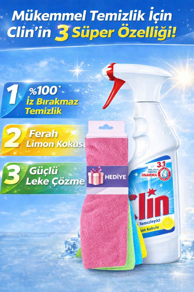 Clin limonlu cam temizleyici sprey (4 adet) + 4 lü mikrofiber temizlik bezi h...