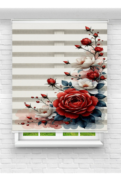 Enzo Home Kırmızı Gül Desenli Baskılı Zebra Perde – Şık Çiçekli Tasarım