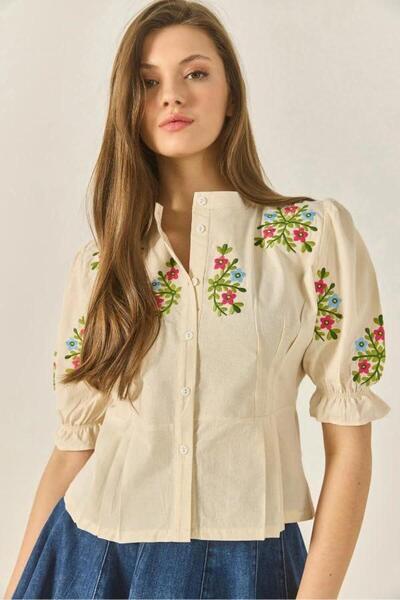 Septemmart Hakim Collar Colorful Floral Embroidered 100% Cotton Shirt