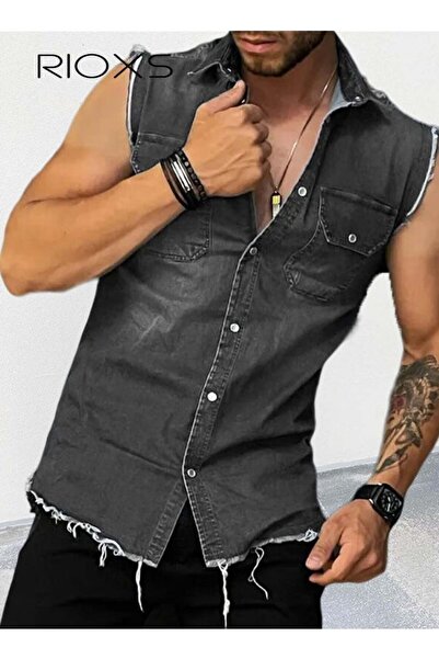 RIOXS Men's Button-Front Denim Vest Vintage Worn-Look Denim Vest Casual Minim...